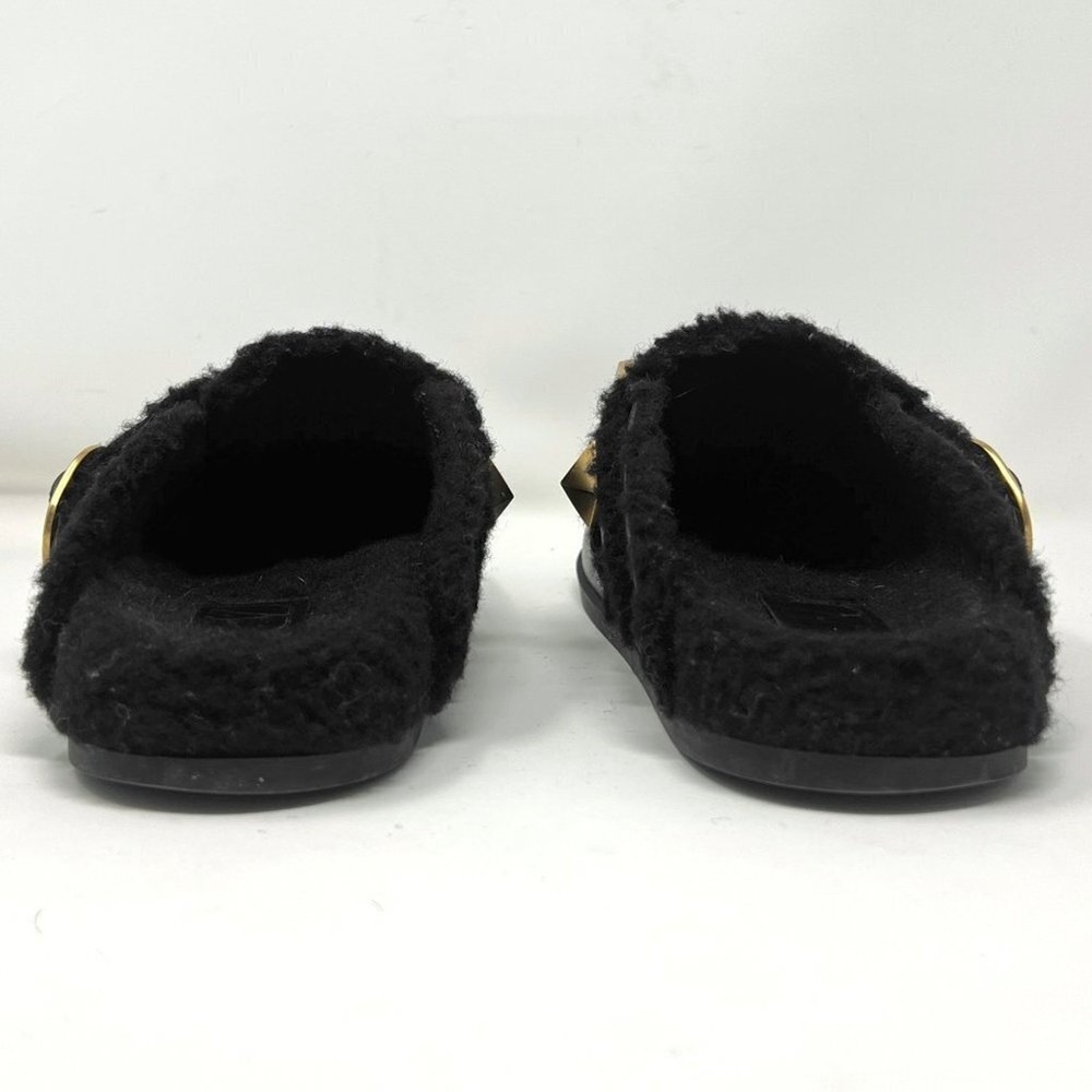 Valentino Roman Stud Mules Black Leather Shearling Flats 37.5 - Picture 6 of 10